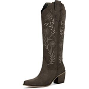 Women's Dark Grey Cowboy Boots Knee High Comfort Vintage Floral Embroidery